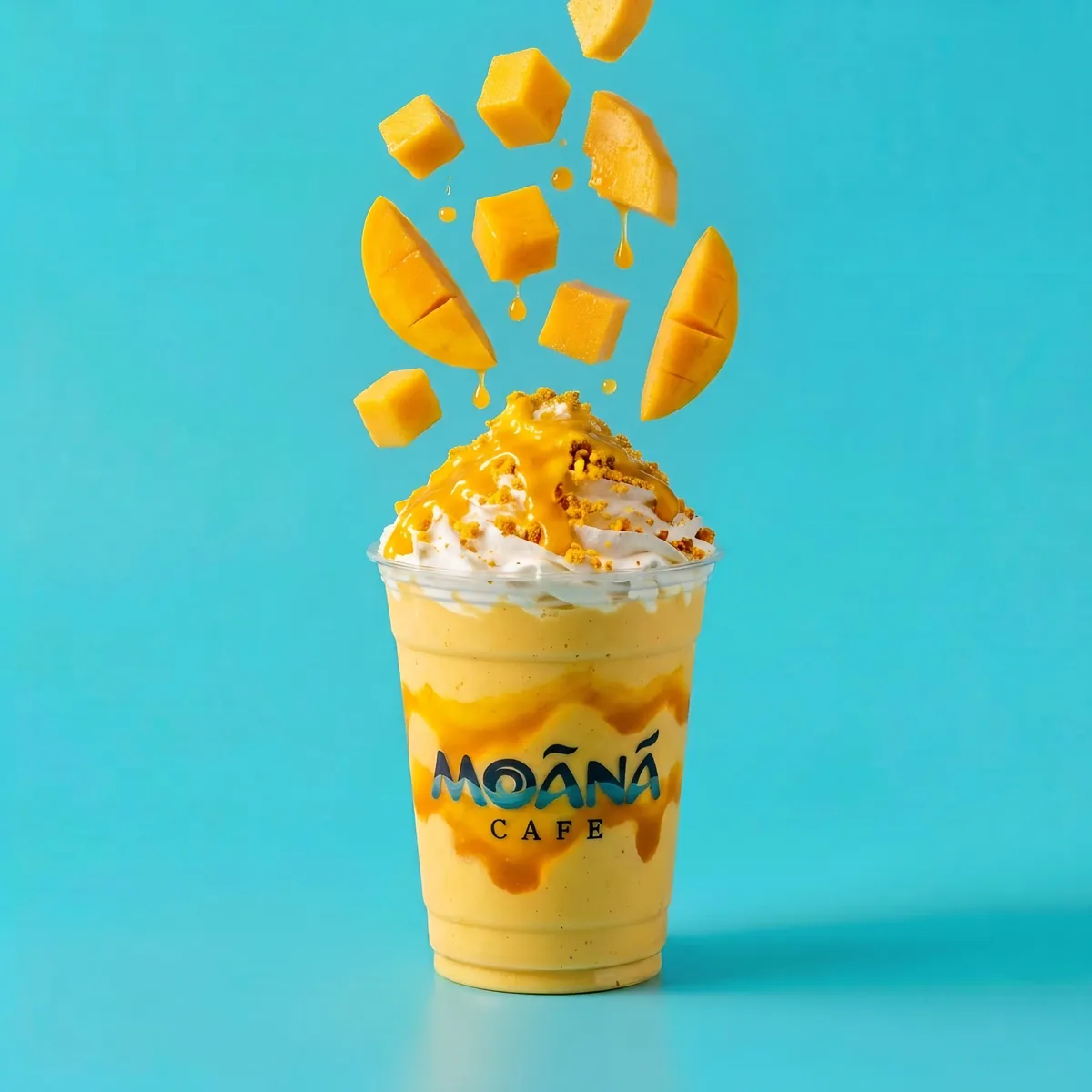 Mango matcha topped with fresh mango