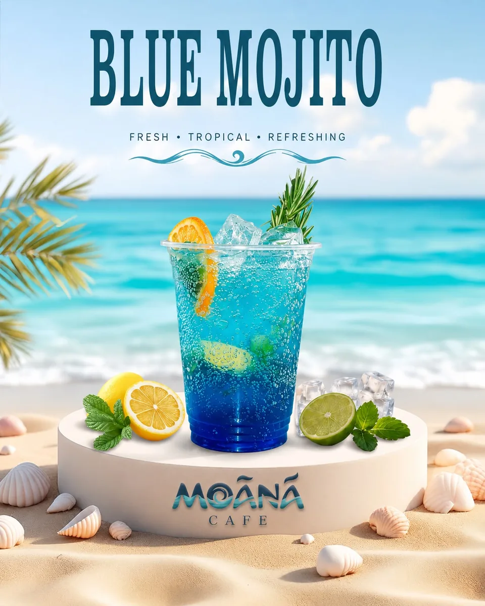 Blue curacao mojito by the sea