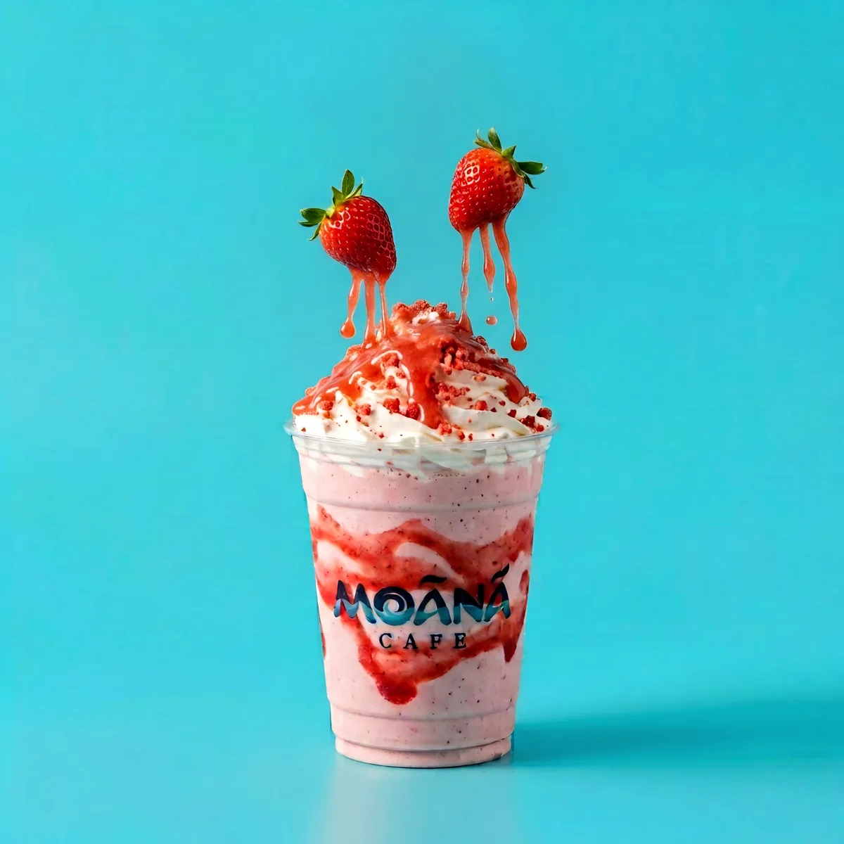 Strawberry smoothie topped with fresh strawberries